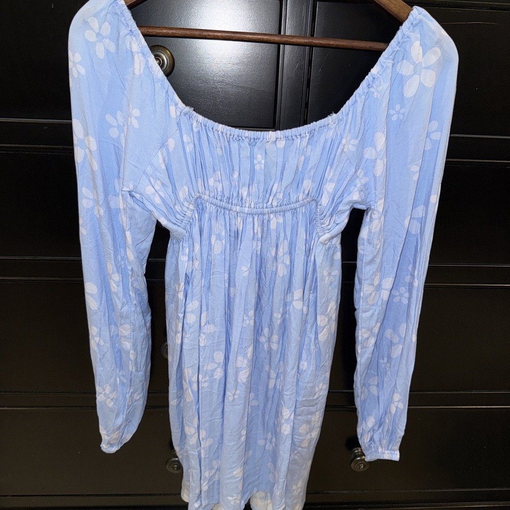 American Eagle Size Small Blue Floral Long Sleeve Babydoll Mini Dress Tortoise - Picture 5 of 5